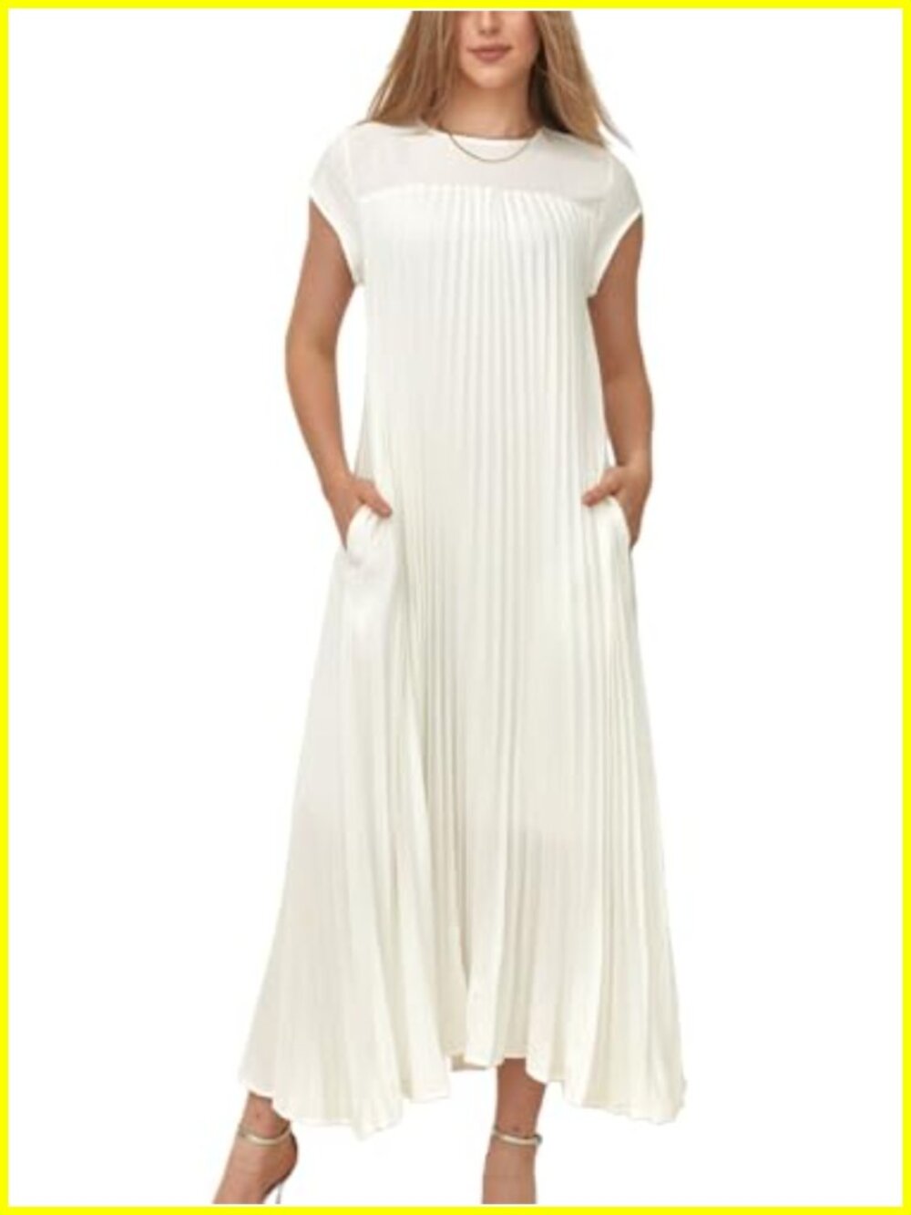 Women's Pleated Maxi Dress Short Sleeve Swing A-Line with Pockets
